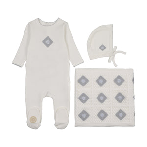 Geo floral layette set - Ivory and blue