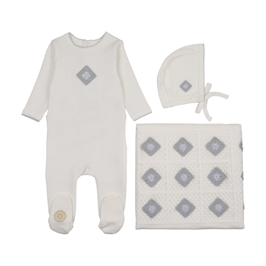 Geo floral layette set - Ivory and blue