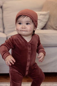 Rust velour button footie