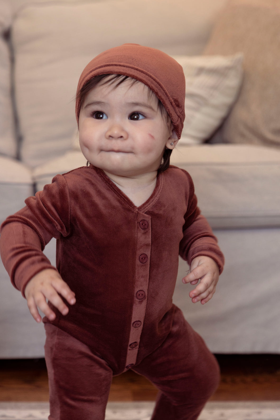 Rust velour button footie
