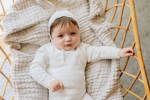 Pointelle knit footie and bonnet - Ivory