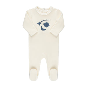 Velour celestial footie - Ivory with navy