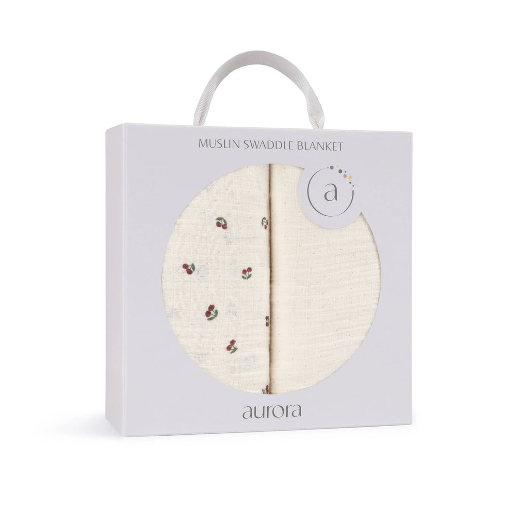 2 Pack Cherry Print Collection - Muslin Swaddle - Ivory/Red