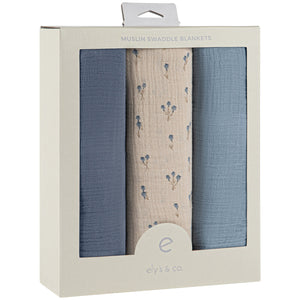 3 pack muslin swaddle - bluebell - blue