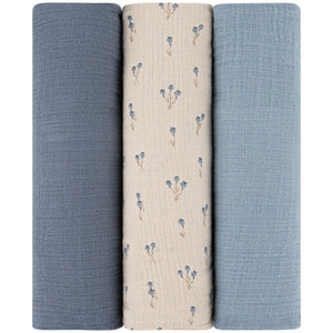 3 pack muslin swaddle - bluebell - blue