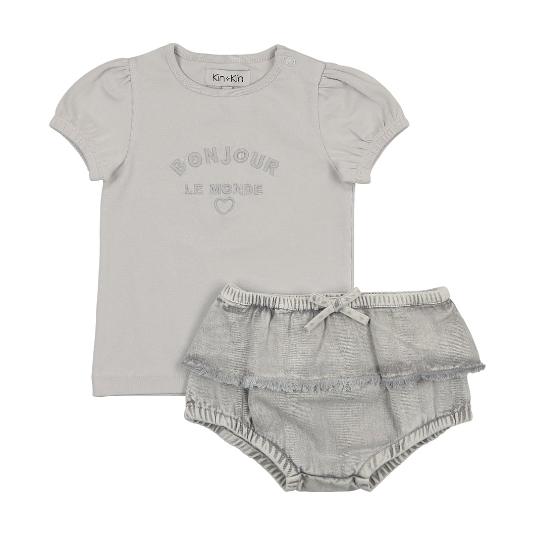 Denim baby girls t-shirt + bloomer set - blue grey denim
