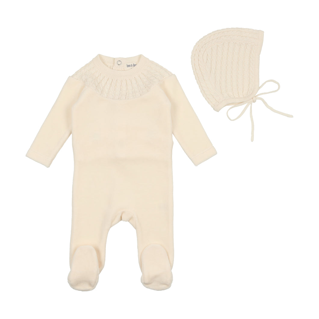 Knit collar velour layette set snow white Peekaboo Baby Boutique