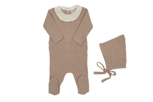 Knit embroidered dot accent layette set - Taupe