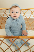 Load image into Gallery viewer, Knit overlay cotton footie with bonnet - Blue fog
