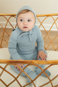 Knit overlay cotton footie with bonnet - Blue fog