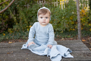 Knit patchwork footie and bonnet - Storm blue