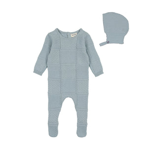 Knit patchwork footie and bonnet - Storm blue