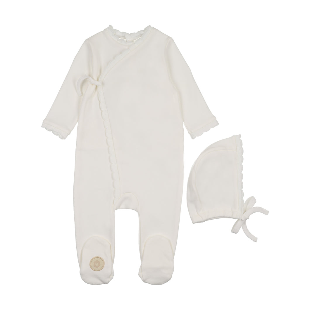 Knit trim wrap footie and hat - Ivory