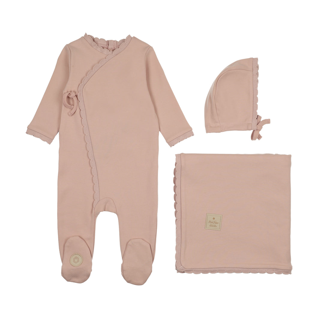 Knit trim wrap layette set - Pink whip