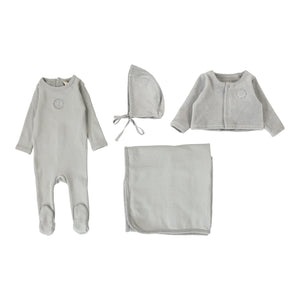 Velour cardi layette set - dusty blue