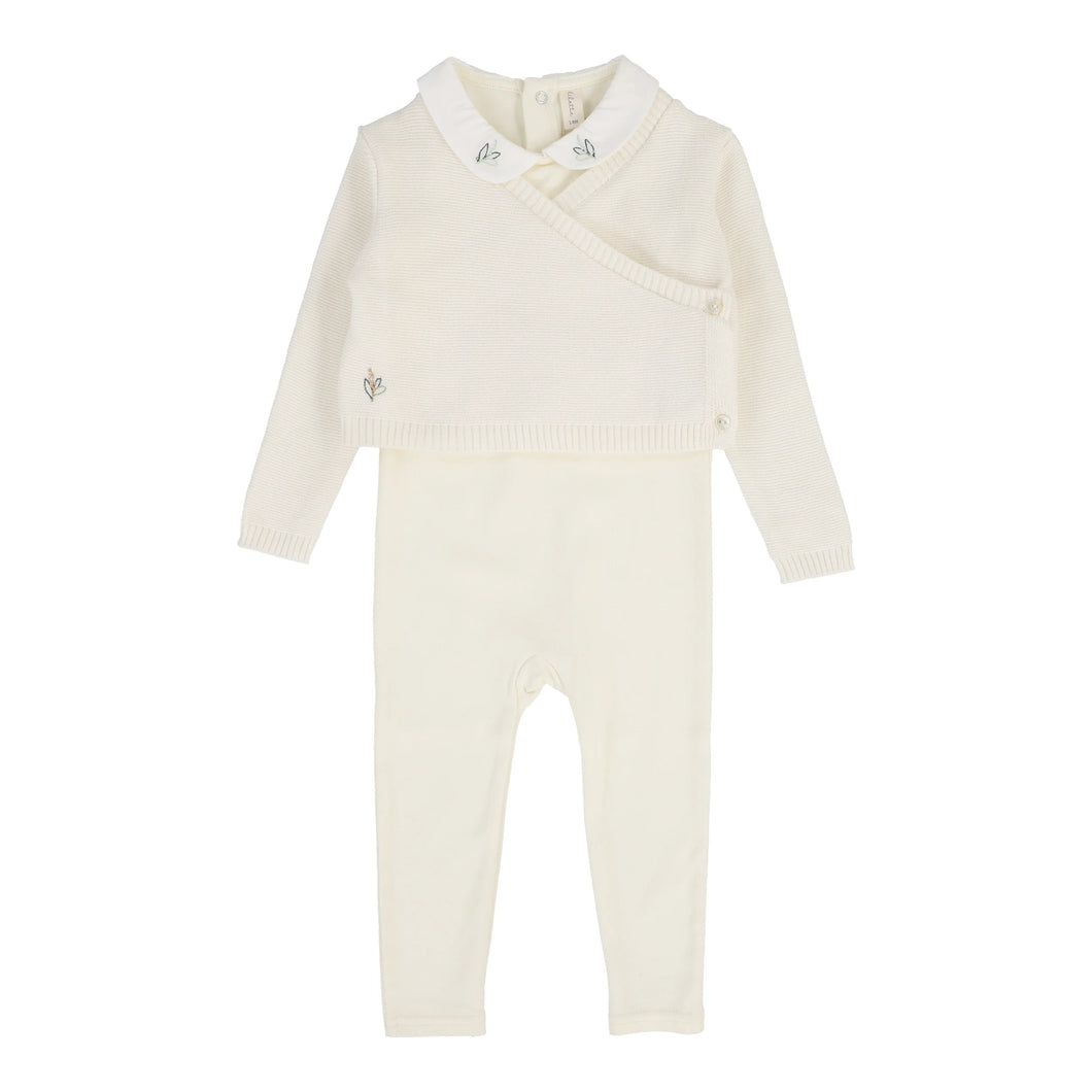 Knit wrap sleeveless footie set  - cream