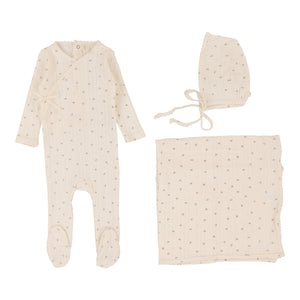 Printed pointelle wrap layette set - milk/taupe