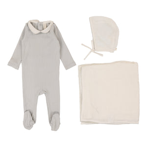 Edged collar layette set - Light blue