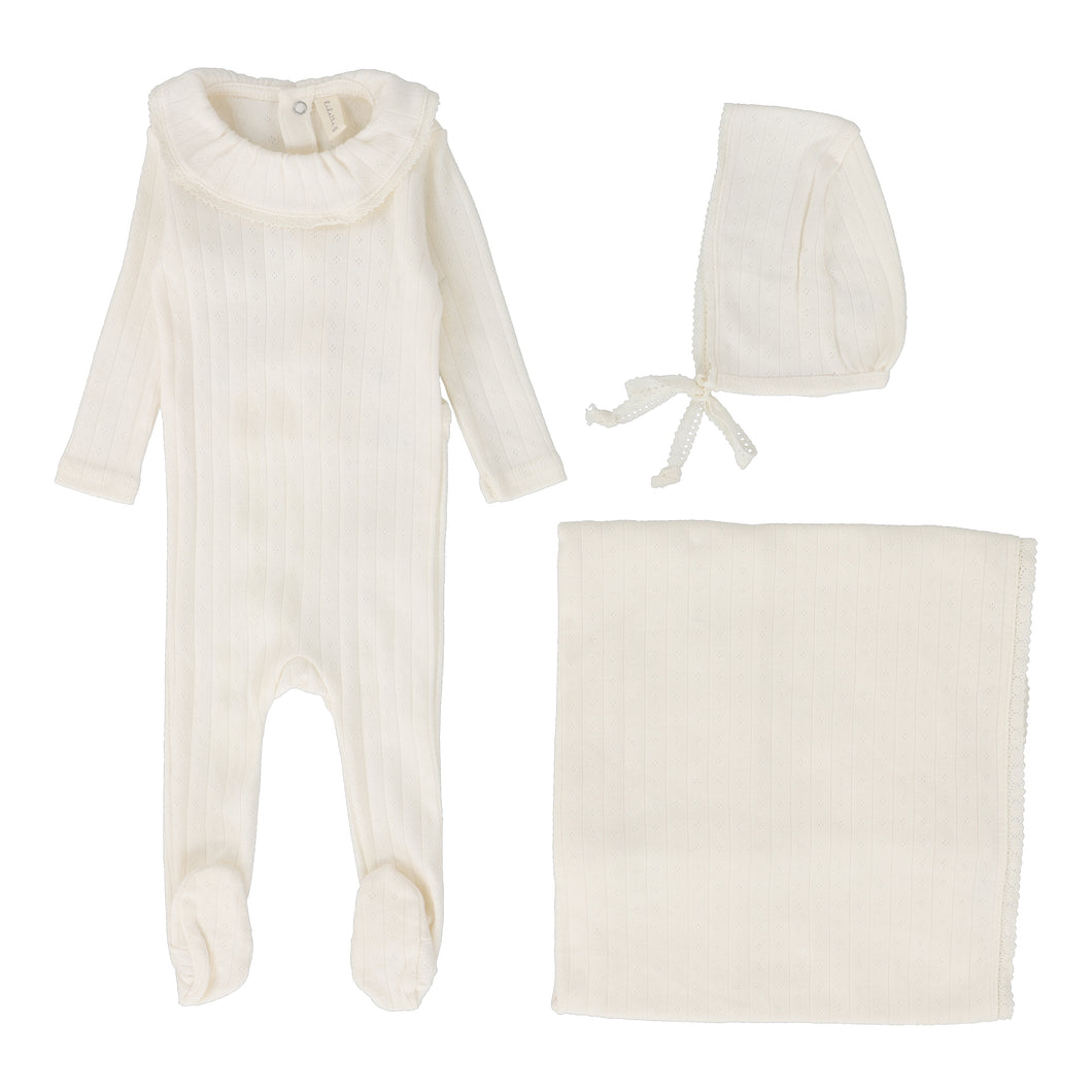 Fine pointelle ruffle layette set - Milk