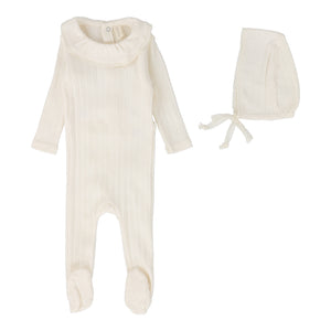 Fine pointelle ruffle collar footie set - Milk