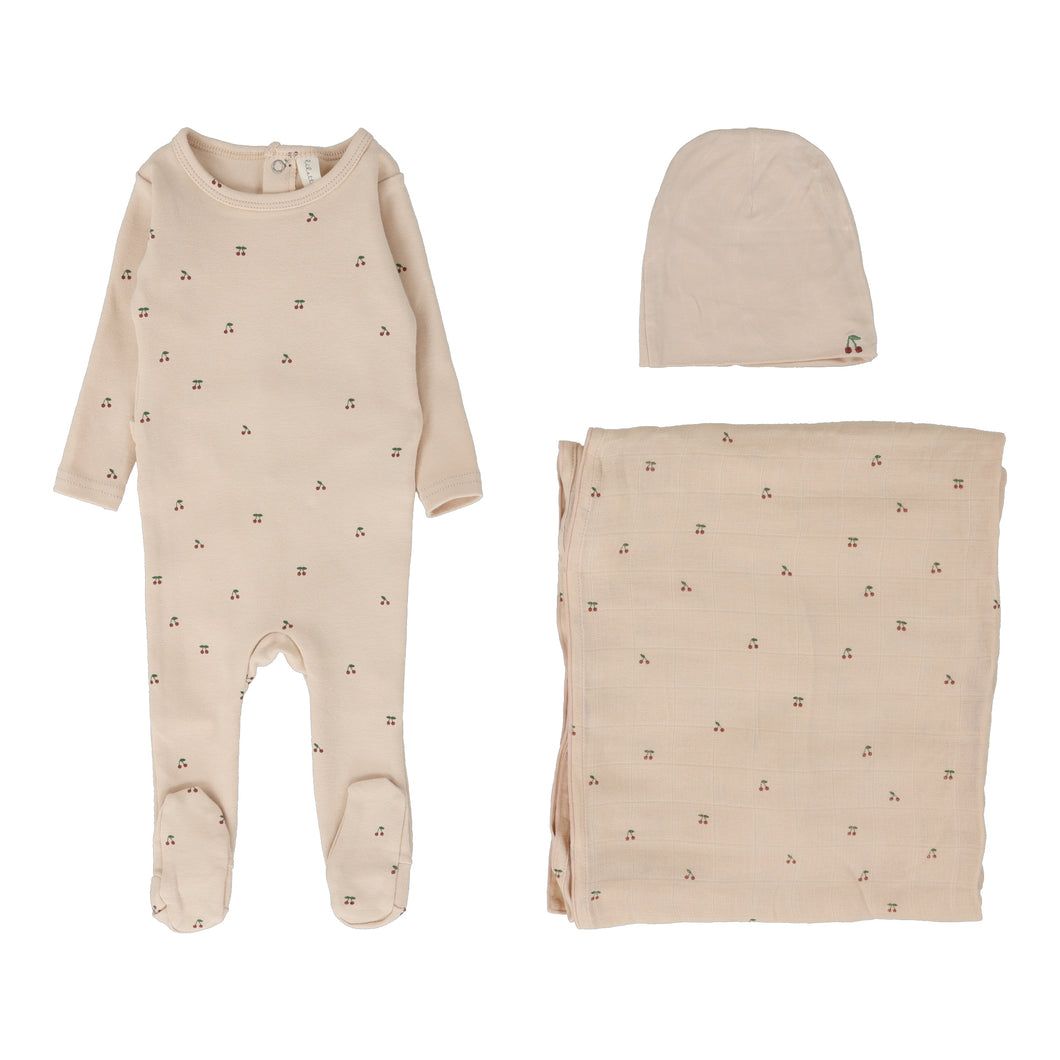 Scattered cherry layette set - shell pink base