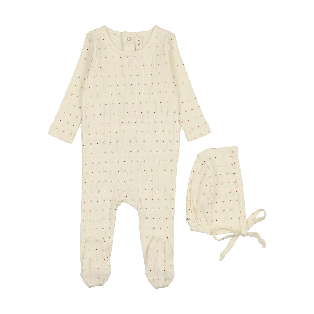 Linear printed footie set - Cream/red dot