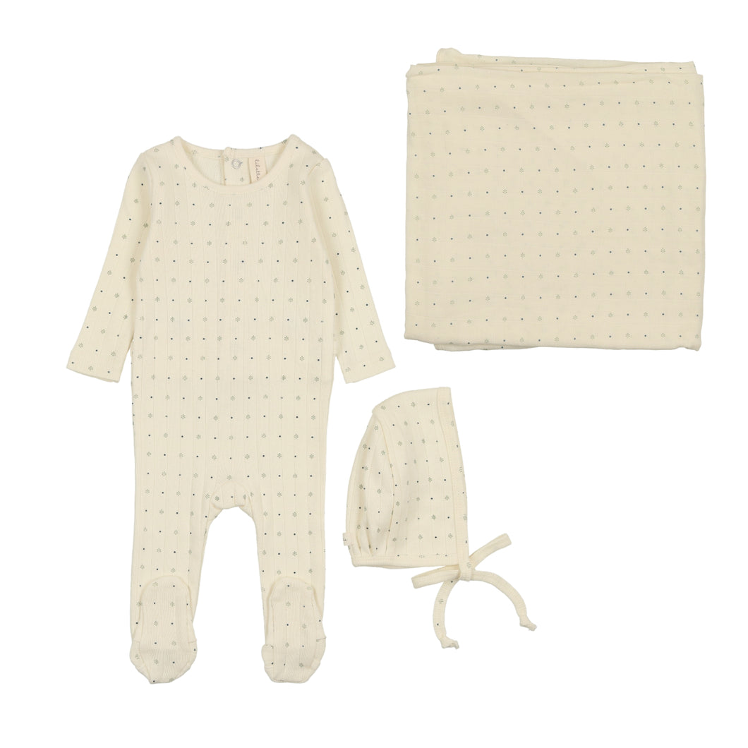 Linear printed layette set - Cream/navy dot