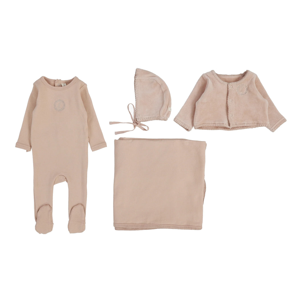 Velour cardi layette set - dusty pink