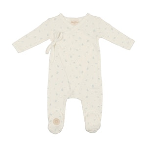 Leaf print wrap footie - Ivory and blue