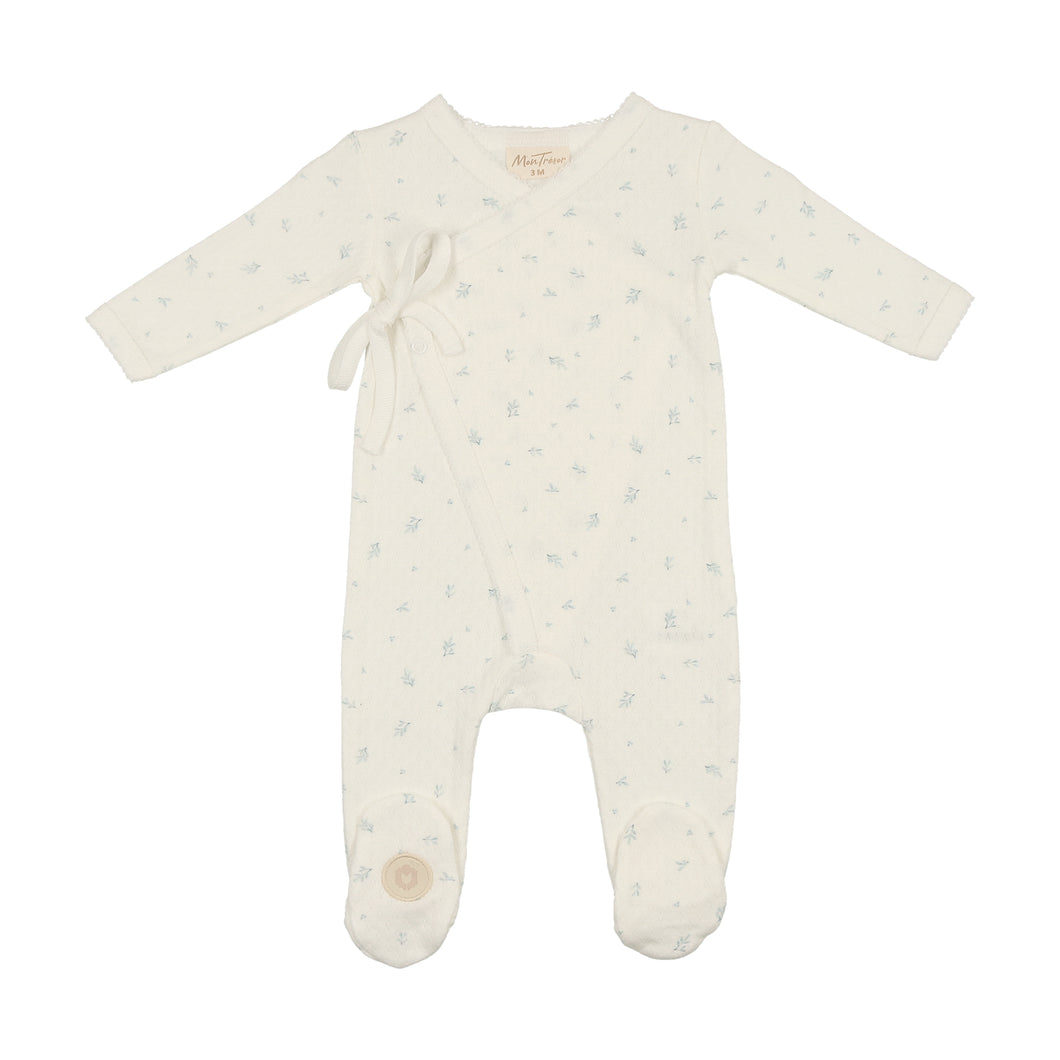 Leaf print wrap footie - Ivory and blue
