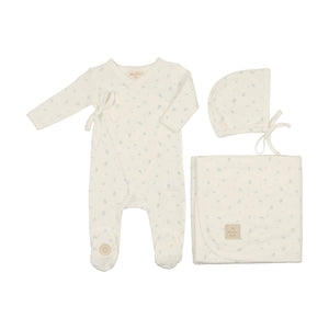 Leaf print wrap layette set - Ivory and blue