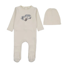 Load image into Gallery viewer, Stitched graphic velour footie set - Cream/blue
