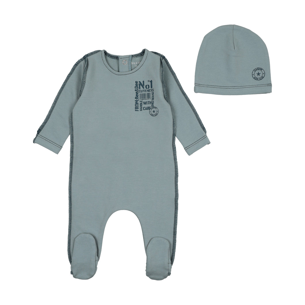 Little imprint footie and beanie - antique blue