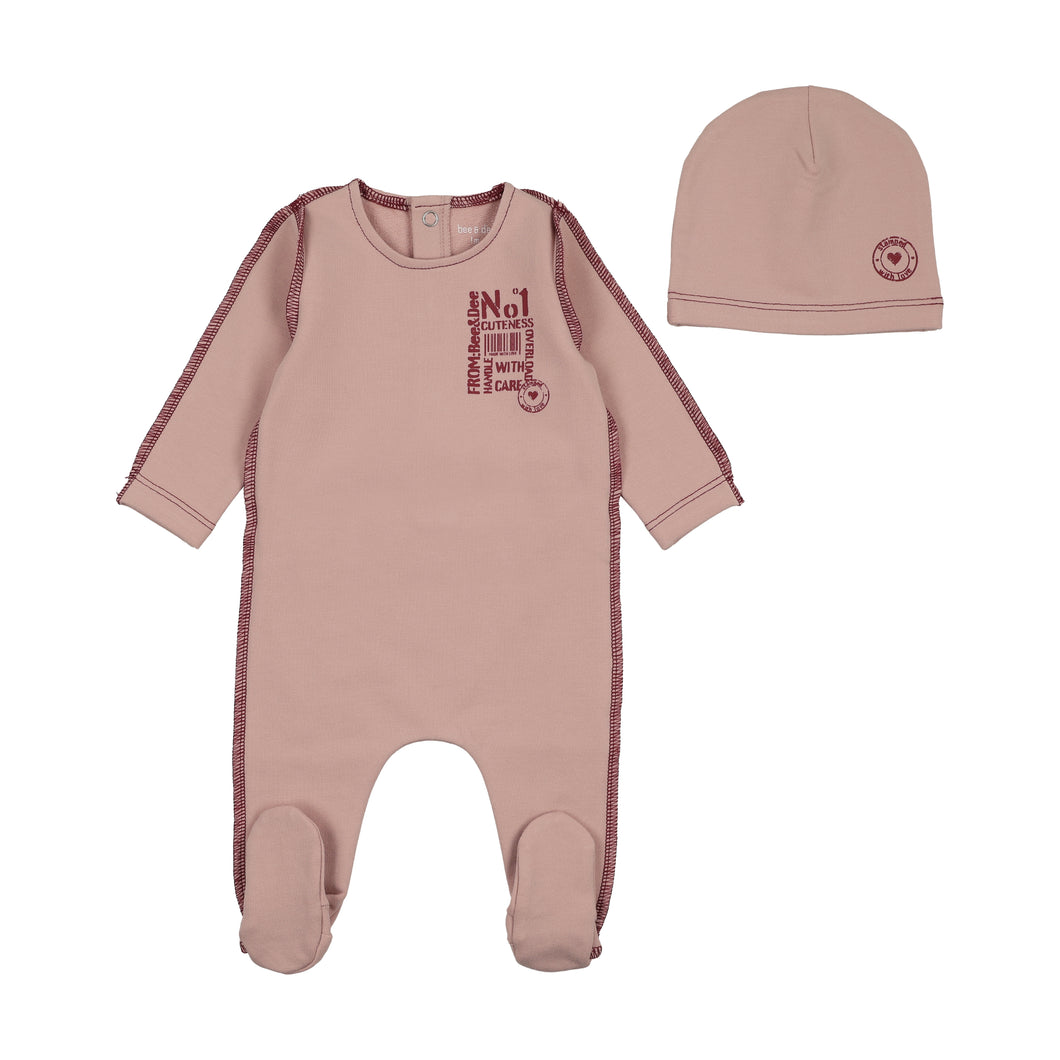 Little imprint footie and beanie - tea rose