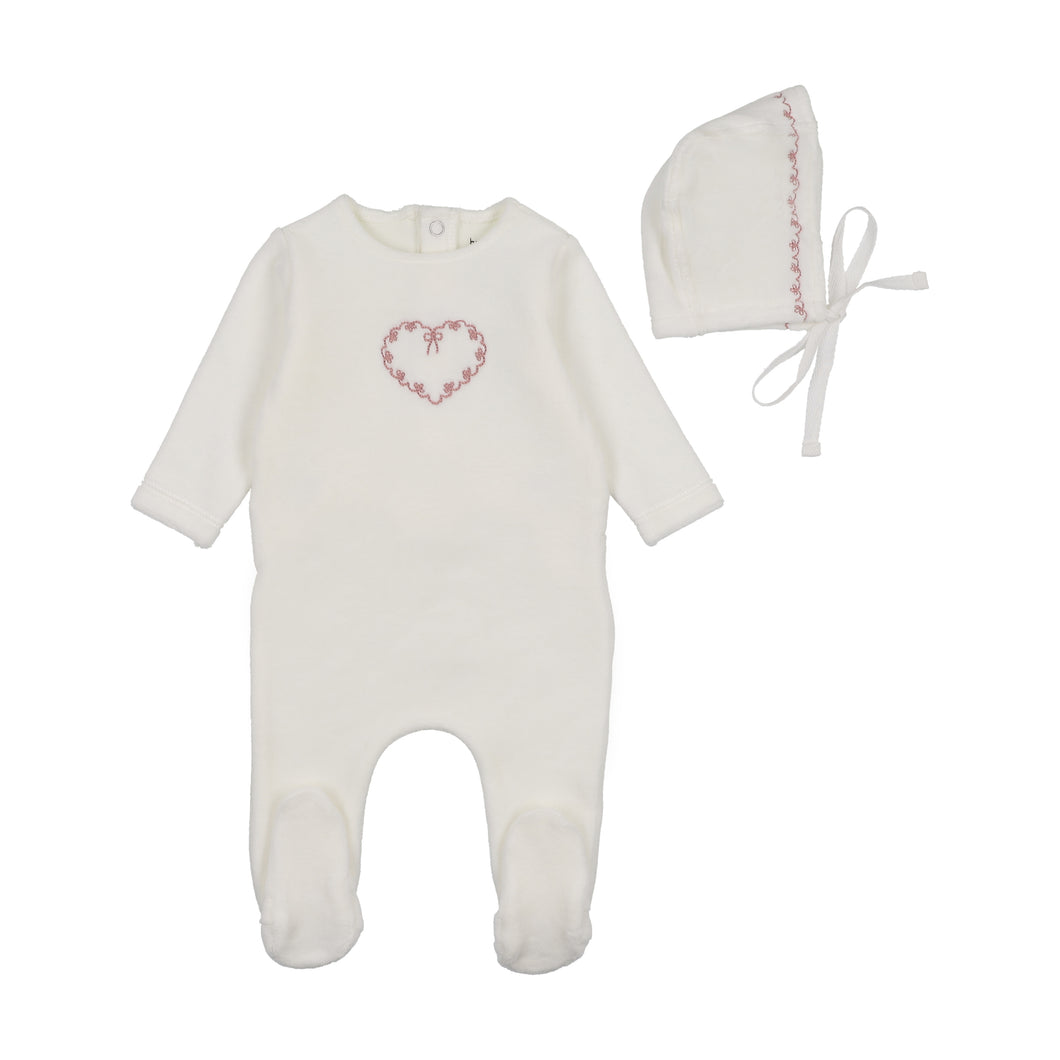 Lovely loops velour footie and bonnet - chalk white girls