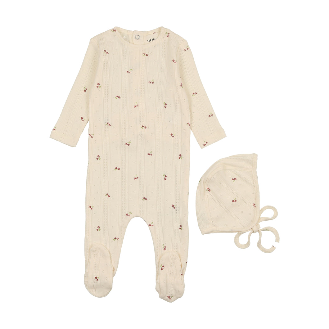Cherry pointelle footie and bonnet - red cherry print