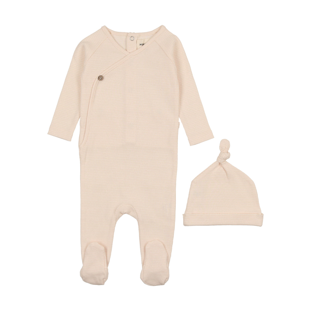 Thin striped footie and beanie - marshmallow/peach dust