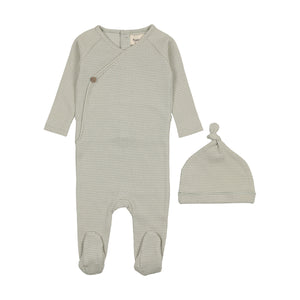 Thin striped footie and beanie - marshmallow/green