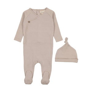 Thin striped footie and beanie - marshmallow/taupe