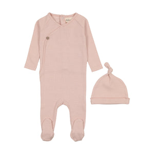 Thin striped footie and beanie - marshmallow/rose