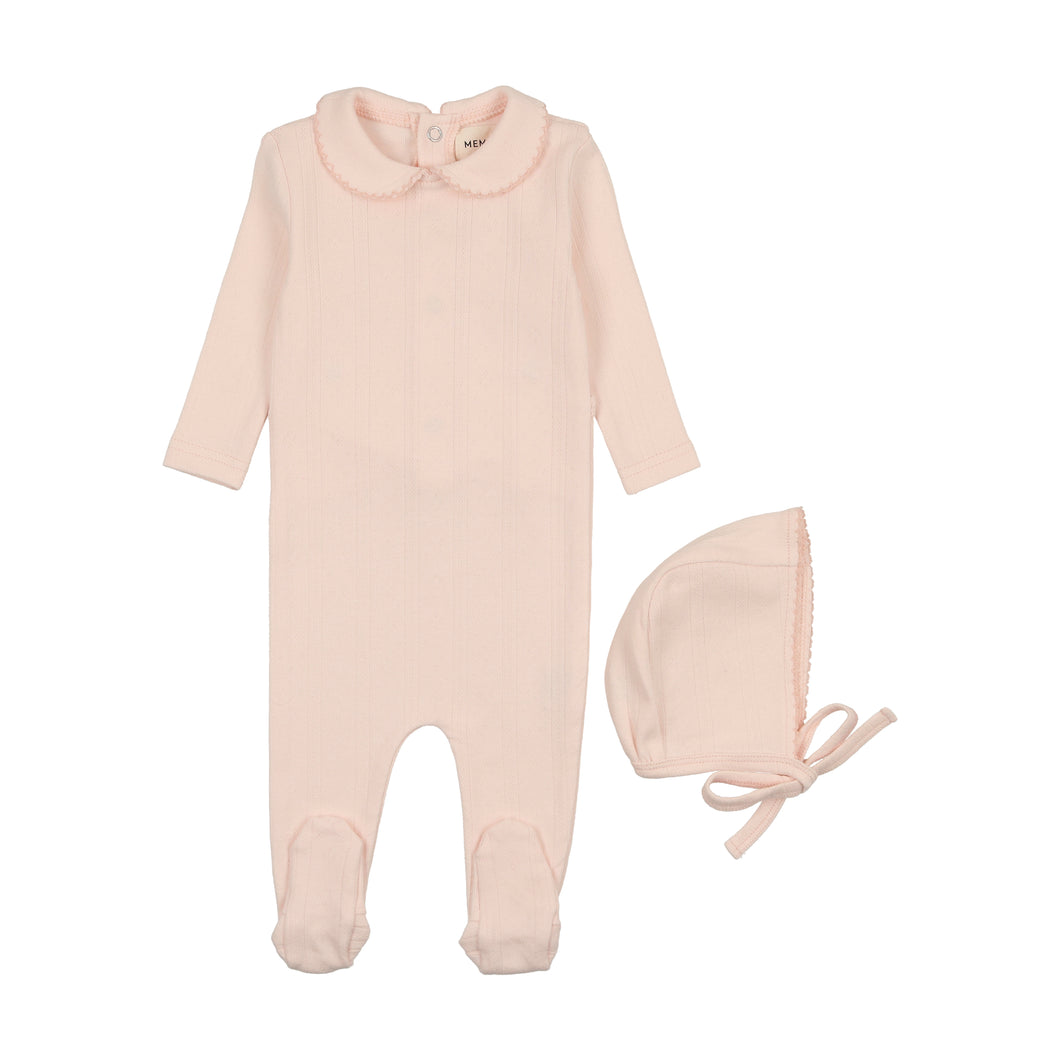 Pointelle footie and hat - peach dust