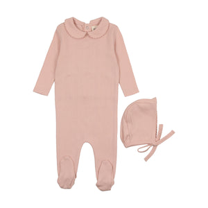 Pointelle footie and hat - rose