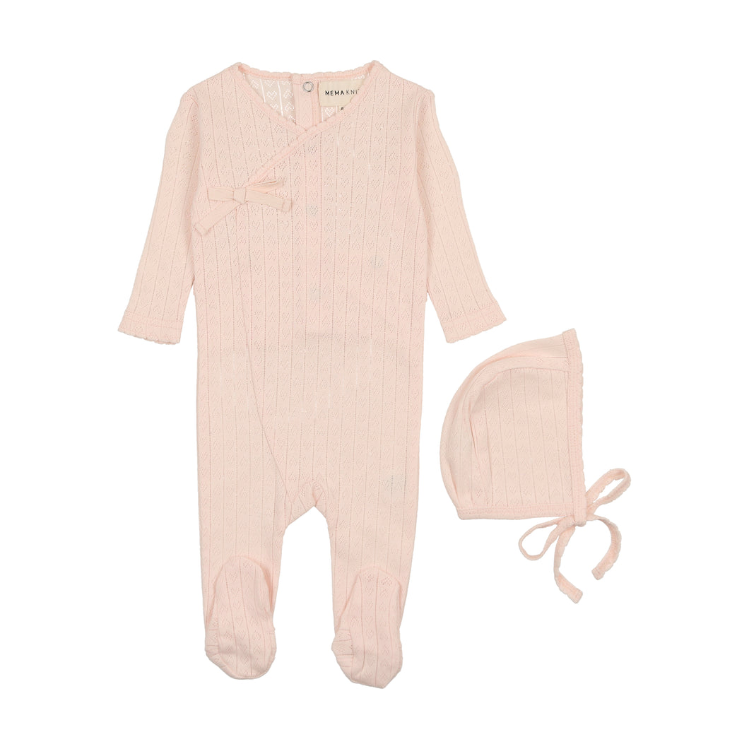 Pointelle heart footie and bonnet - peach dust