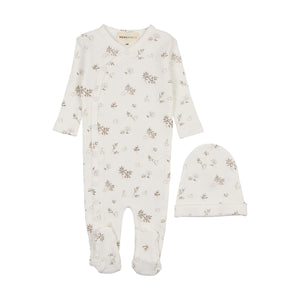 Printed side snap footie and beanie - bunny and leaf print
