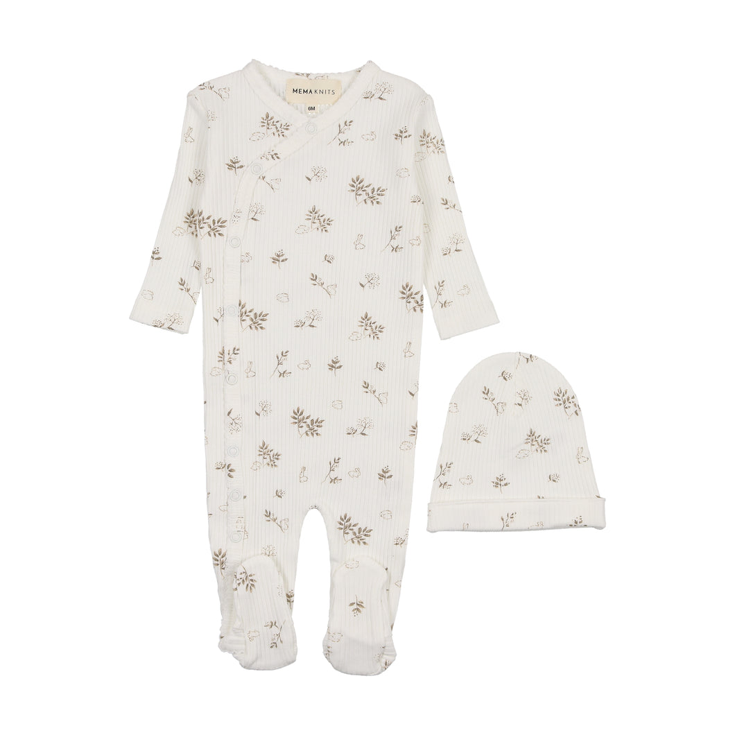 Printed side snap footie and beanie - bunny and leaf print