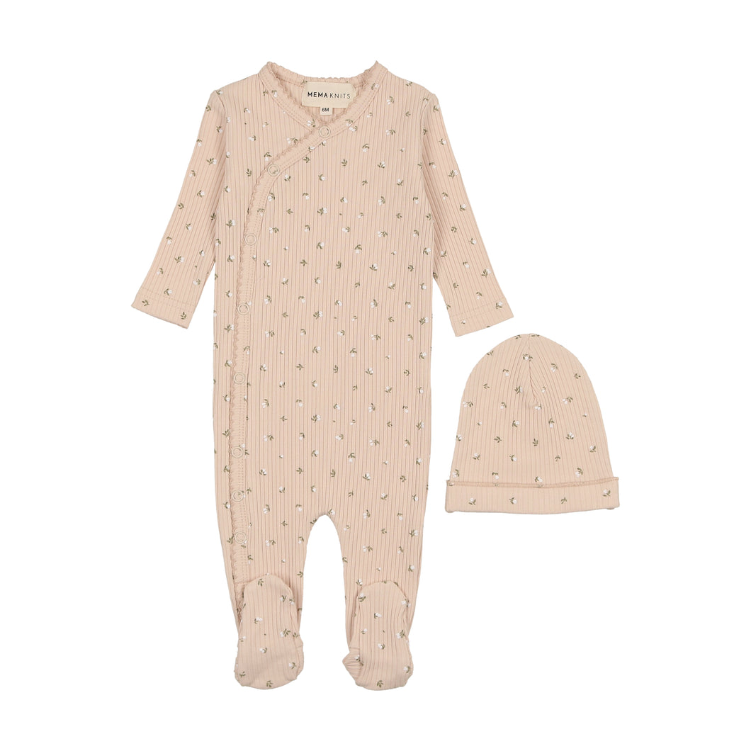 Printed side snap footie and beanie - tulip print