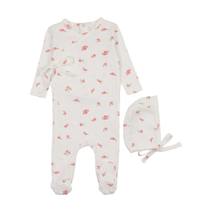 Pointelle floral side snap footie and beanie - floral pink
