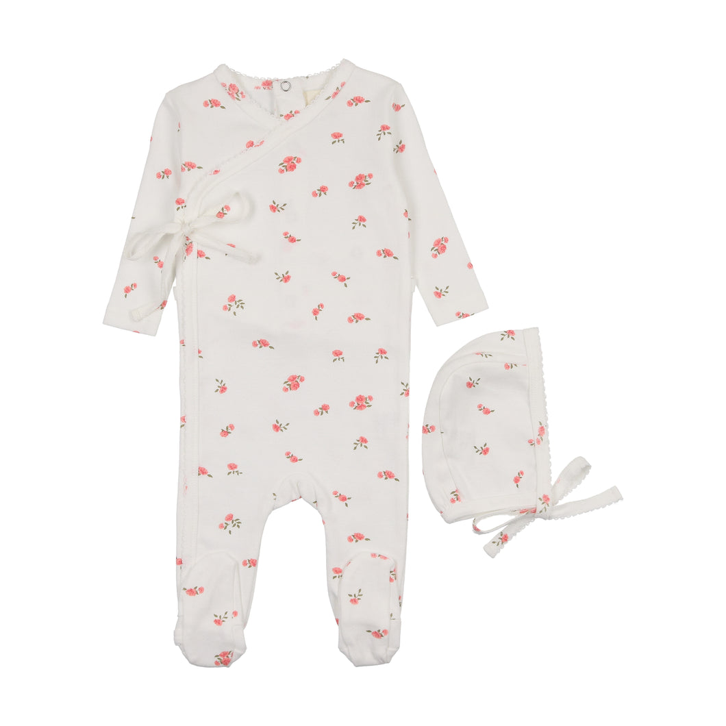 Pointelle floral side snap footie and beanie - floral pink