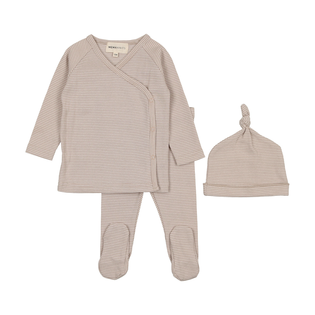 Striped two pc wrap set and beanie - winter white/taupe