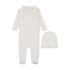 Embroidered picot edge footie and beanie - winter white/metallic mauve